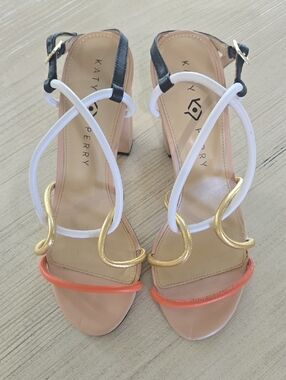 Katy Perry Collections White, Gold & Coral Strappy Block Heel Sandals